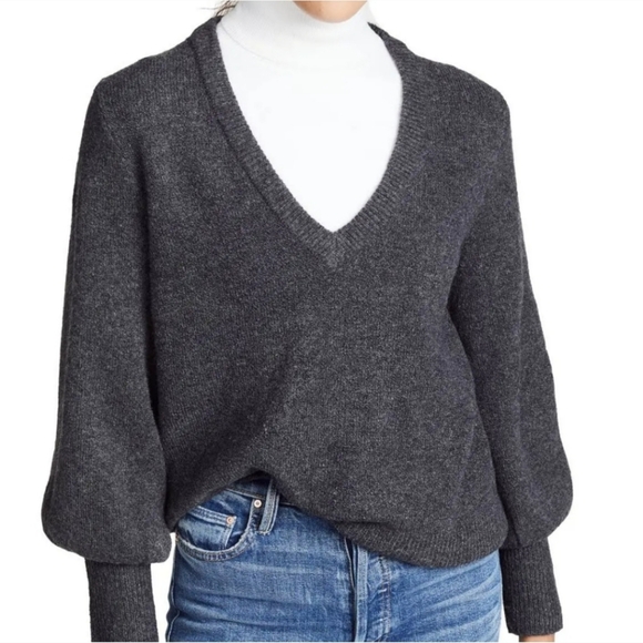 MADEWELL | Dashwood V-neck Sweater With Bubble Sleeves. Sz M. Gray. Wool Blend. - Picture 2 of 10
